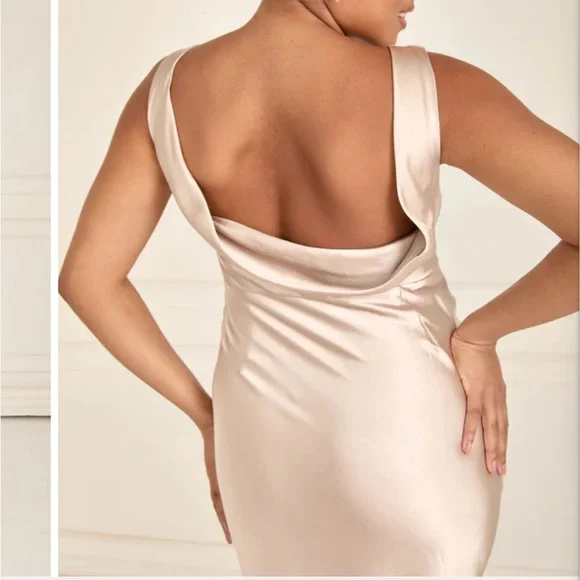 Cowl Back Satin Bridesmaid Dress - Oyster - Picture 5 of 5